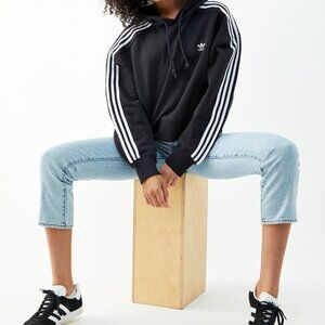 Adidas Originals Cropped Hoodie Women Small Black White Trefoil 3-Stripe